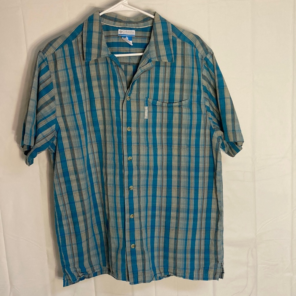Blue plaid button up short sleeve Columbia - Picture 1 of 4